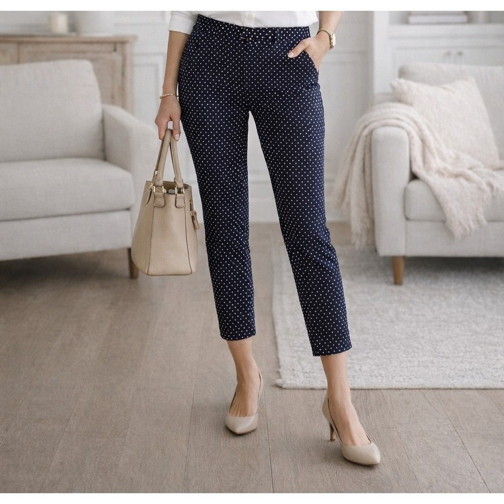 Gap Slim Cropped Pants Womens 6 Navy Blue Polka Dot Stretch Ankle Work Career